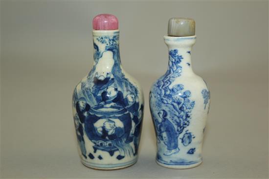 Two Chinese blue and white soft paste porcelain snuff bottles, 1820-1900, 7.5cm